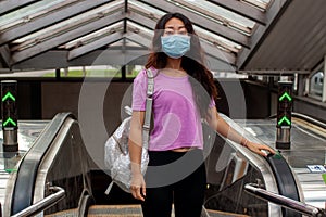 Chinese Woman Wearing Surgical Mask Near Train Or Bus Station