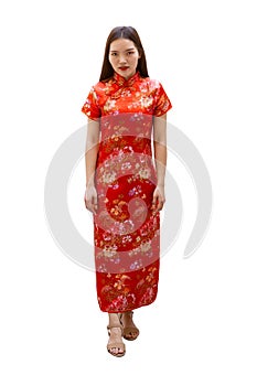 Chinese women dress with Cheongsam or Qipao traditional outfit for festive seasons Chinese New Year isolated on white background