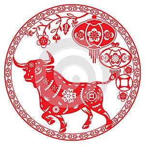 Chinese Year of OX Bull vector illustration in paper cut style