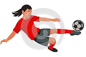 Chinese young girl figure of a school women's football player in a red sports uniform jumps to hit the ball