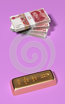 Chinese Yuan banknotes and a gold bar background