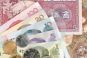 Chinese or Yuan banknotes money and coins from Chinas currency,