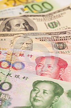 Chinese yuan, European euro notes and American dollars