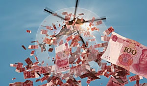 Chinese yuan Renminbi 100 banknotes helicopter money dropping 3d illustration