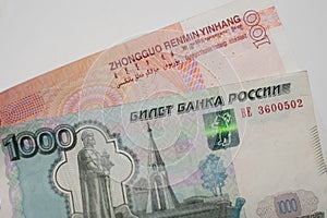 Chinese yuan and Russian ruble banknotes