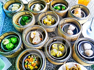Chinese yumcha dimsum set in bamboo container