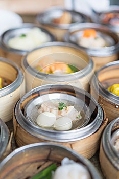 Chinese yumcha dimsum set in bamboo container.