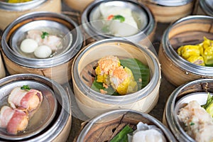 Chinese yumcha dimsum set in bamboo container.