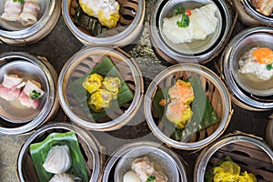 Chinese yumcha dimsum set in bamboo container.