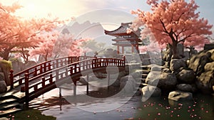 Chinese zen garden with cherry blossom trees and bridge, 3d render, AI Generated