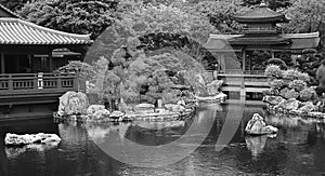 Chinese zen garden with pagoda and tea house