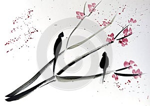 Chinese zen traditional painting bird and sakura, imitation. waterolor and ink drawing