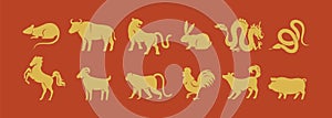 Chinese Zodiac with 12 animal signs, silhouettes for new years. Twelve oriental horoscope symbols set, gold rabbit