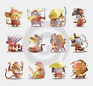Chinese zodiac animals cartoon set of rabbit dog monkey pig tiger horse dragon goat snake rooster ox rat isolated cartoon hand