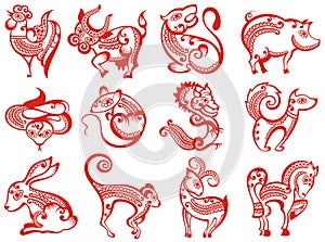 Chinese zodiac animals in paper cut style