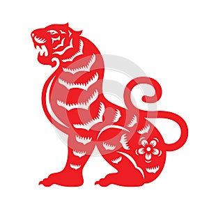 Chinese Zodiac Animals Papercutting for chinese new year - tiger siting and roaring, side view vector design photo