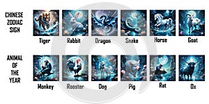 Chinese Zodiac Sign, 12 animal of the year, created using generative AI