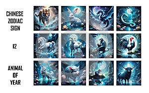 Chinese Zodiac Sign, 12 animal of the year, created using generative AI