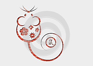 Chinese Zodiac Sign Year of Rat, Red ornament in paper cut style. Happy Chinese New Year 2020, mouse cartoon icon oriental