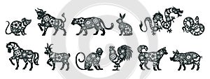 Chinese zodiac signs silhouettes, lunar New Year horoscope animals. Oriental astrological calendar tiger, rabbit and rooster signs