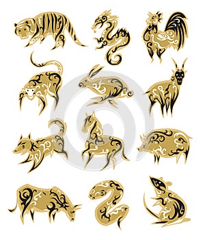 Chinese zodiac symbols eastern calendar signs vector illustrations.