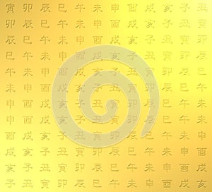 Chinese zodiac symbols in texture, gold shades, fantasy.