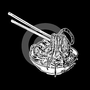 Chiness noodless in the wok. Hand drawn vector illustration