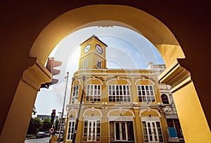 Chino-Portuguese clock tower in phuket old town, Thailand
