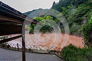 The Chinoike Jigoku Blood Pond Hell is one of eight Beppu hot spring onsen. the most famous at beppu city in autumn. Oita,