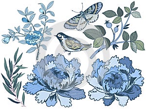 Chinoiserie birds and plants. Traditional asian eastern art with leaves Botanical elements. meadow flowers peony sakura and