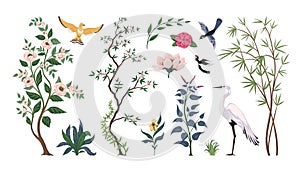 Chinoiserie birds and plants. Traditional Japanese art with leaves and heron. Botanical elements. Bamboo and flowers