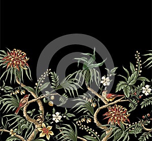 Chinoiserie border with branches, flowers and birds. Vector.