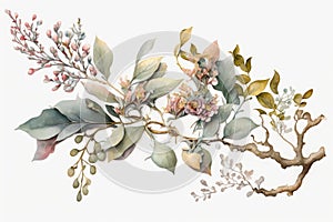 Chinoiserie Floral Branch in Soft Watercolor. Perfect for Invitations and Scrapbooking.