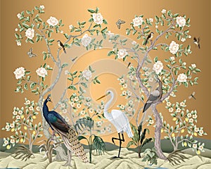 Chinoiserie mural with peacocks and flowers trees. Vector.