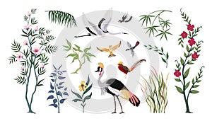 Chinoiserie oriental art. Traditional Chinese landscape with jungle plants and birds. Exotic flying animals. Bamboo and rainforest