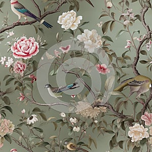 chinoiserie peony blossom with birds wallpaper seamless pattern