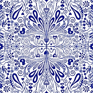 Chinoiserie seamless pattern background. Blue and white repeating tile with folk art flowers, leaves, hearts and birds. Use for