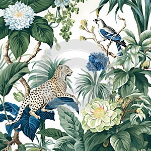 chinoiserie wallpaper art with tropical forest, tiger and fancy botanical, watercolor, French toile pattern