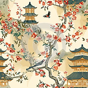 Chinoiseries seamless pattern with clouds, Chinese castle, flowers, birds. Vector Graphics