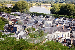 Chinon city and the Loire river view. Sunny evening. Chinon, France
