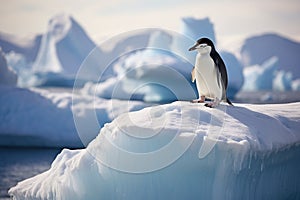 Chinstrap penguin on the ice floe, Antarctic Peninsula, Chinstrap penguins, Pygoscelis antarctica, on an iceberg off the South