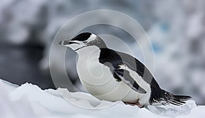 Chinstrap Penguin Lies Gracefully On Pristine Snow, Iconic Black Headband With The Soft Whites