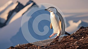 A Chinstrap Penguin walks precariously along the ridge of Bailey Head on Deception Island in Antarctica, high above the icy ocean