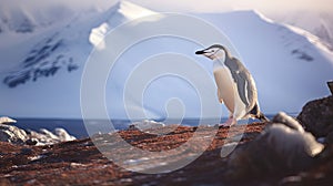 A Chinstrap Penguin walks precariously along the ridge of Bailey Head on Deception Island in Antarctica, high above the icy ocean