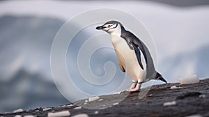 A Chinstrap Penguin walks precariously along the ridge of Bailey Head on Deception Island in Antarctica, high above the icy ocean