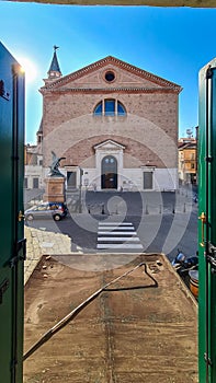 Chioggia - Morning view from luxury hotel window of bell tower of Church of Saint James Apostle