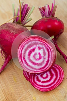 Chioggia striped beet on wood table