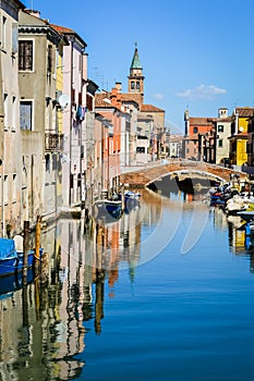 Chioggia, town in venetian lagoon, water canal and boats