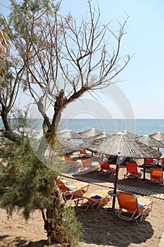 Chios Island, beach with sunbeds in Greece