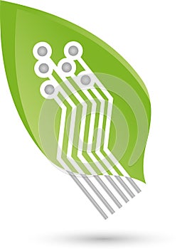 Chip as a leaf, plant, green IT and chip logo